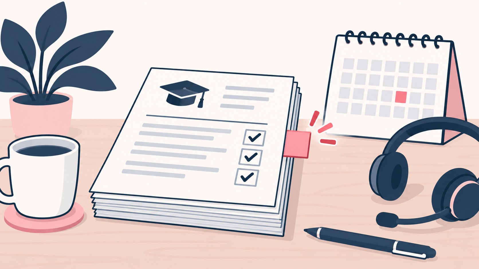 Illustration of an examination report with a pink tab beside a calendar and a telephone headset