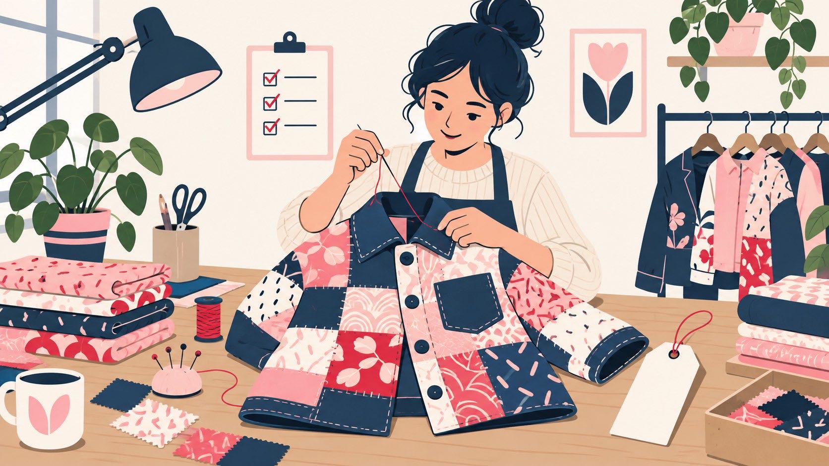 Illustration of a maker stitching a patchwork jacket from reclaimed fabric at a workbench, with a checklist behind