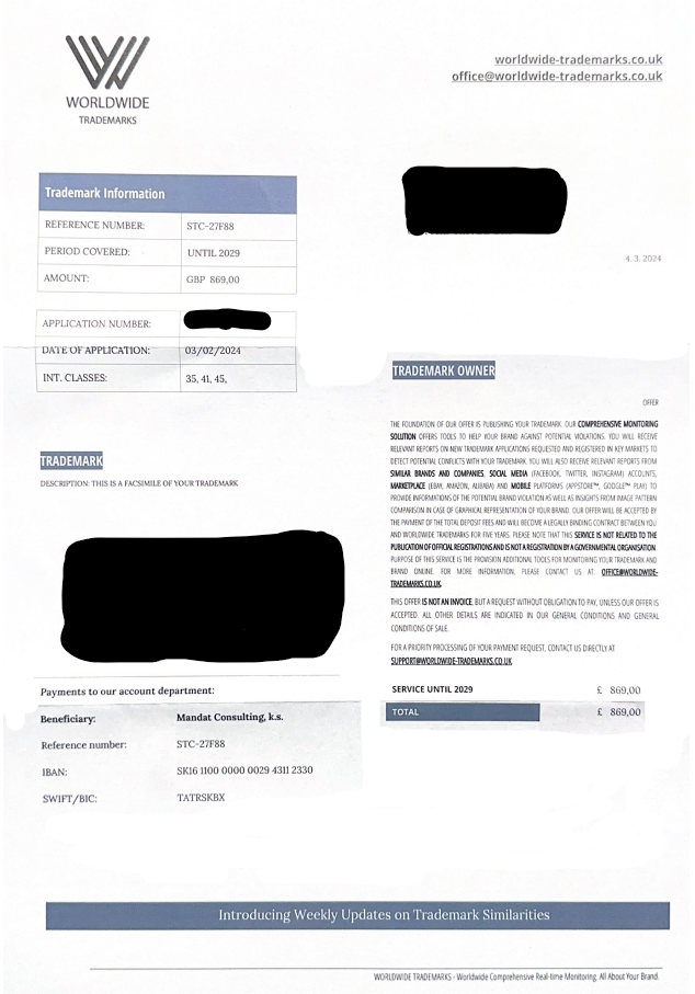 Redacted example of a misleading trademark publication invoice on the UK IPO's official watch list, structurally identical to letters sent by WIPOT.