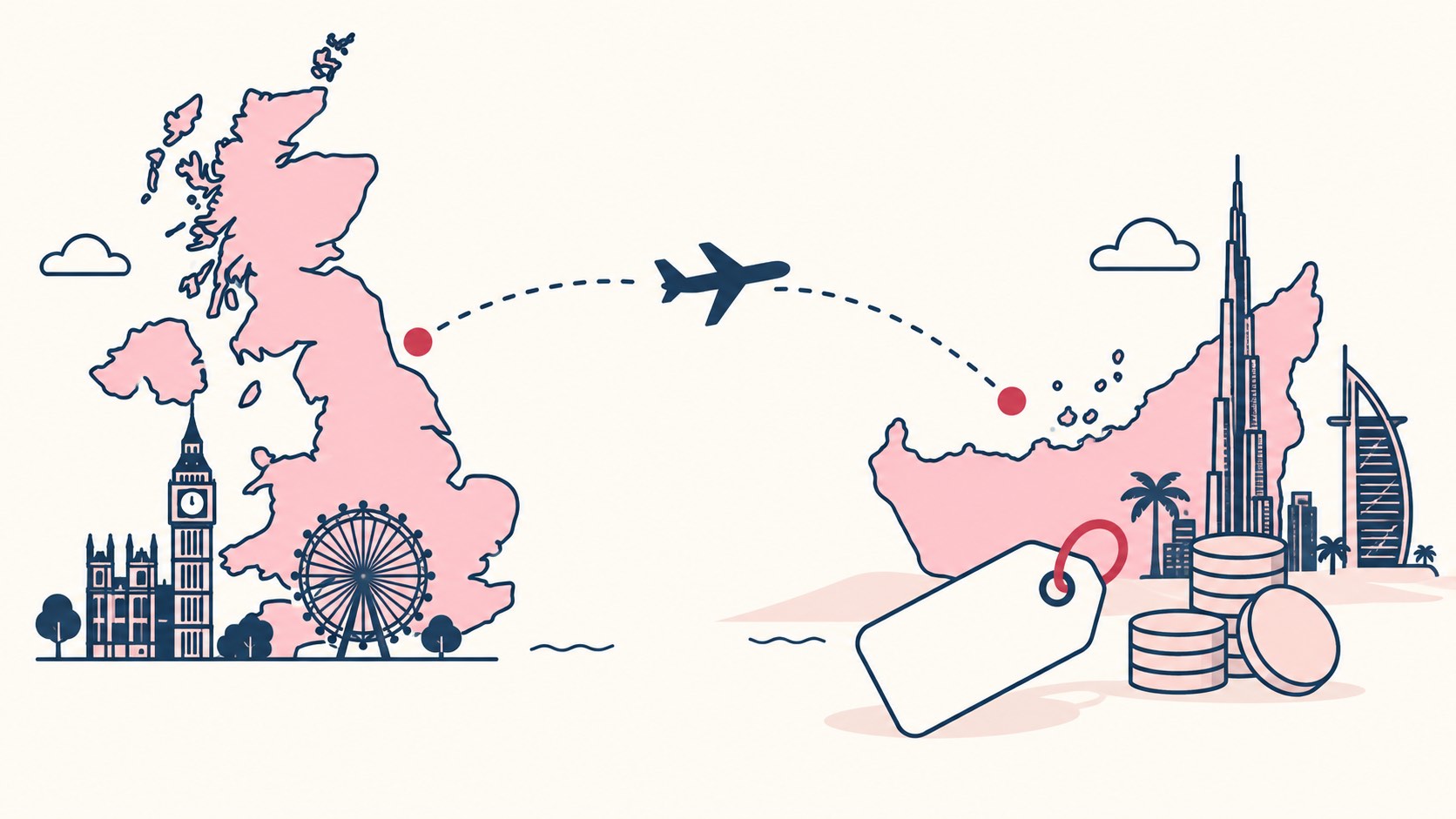 Illustration of the UK and the UAE joined by a flight path, with a brand tag and a stack of coins beside the UAE
