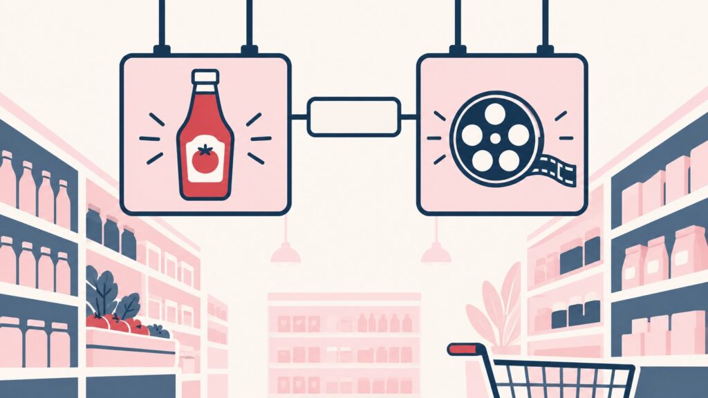 Illustration of two hanging aisle signs, one showing a sauce bottle and one a film reel, joined by a blank label