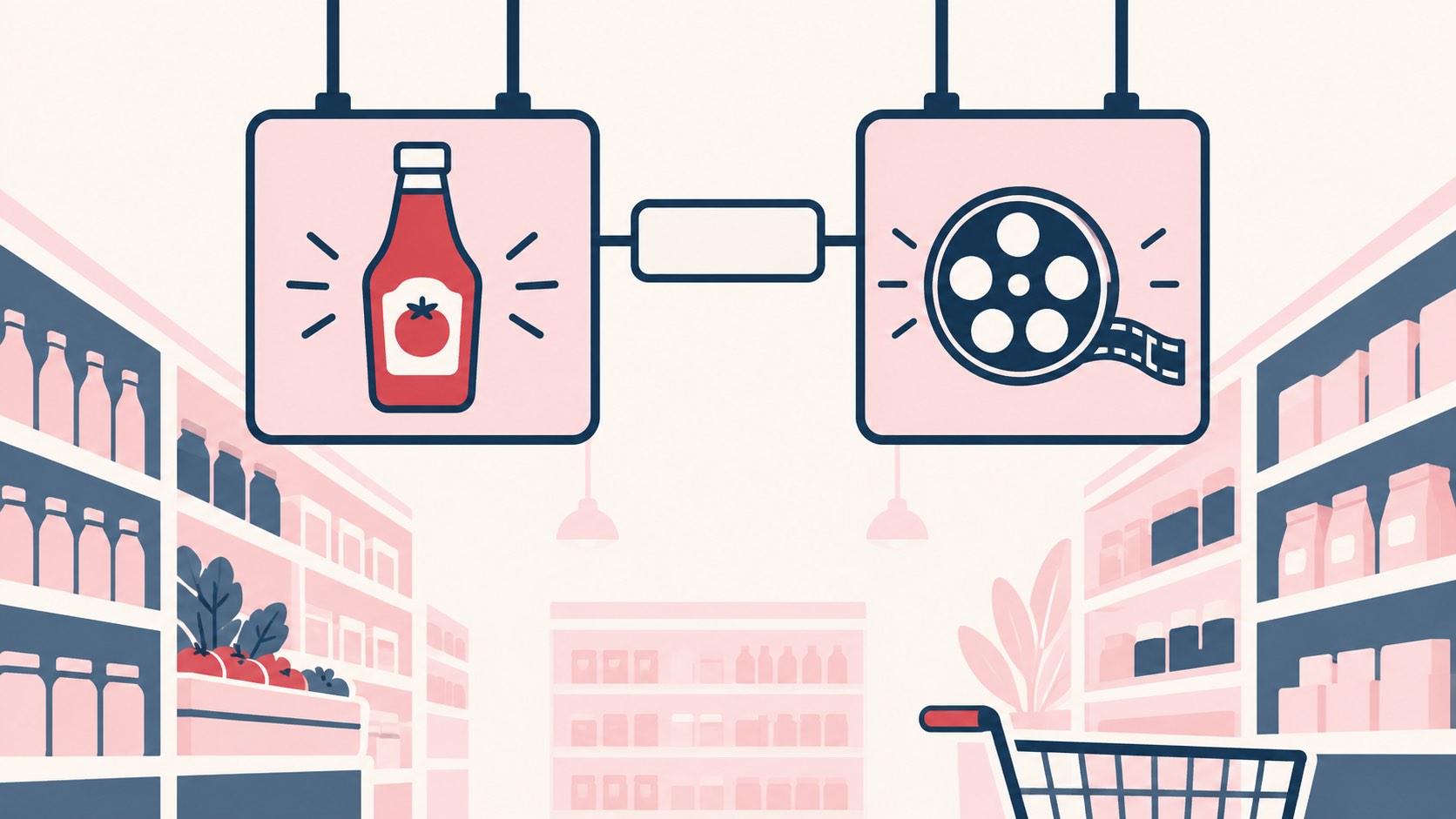 Illustration of two hanging aisle signs, one showing a sauce bottle and one a film reel, joined by a blank label