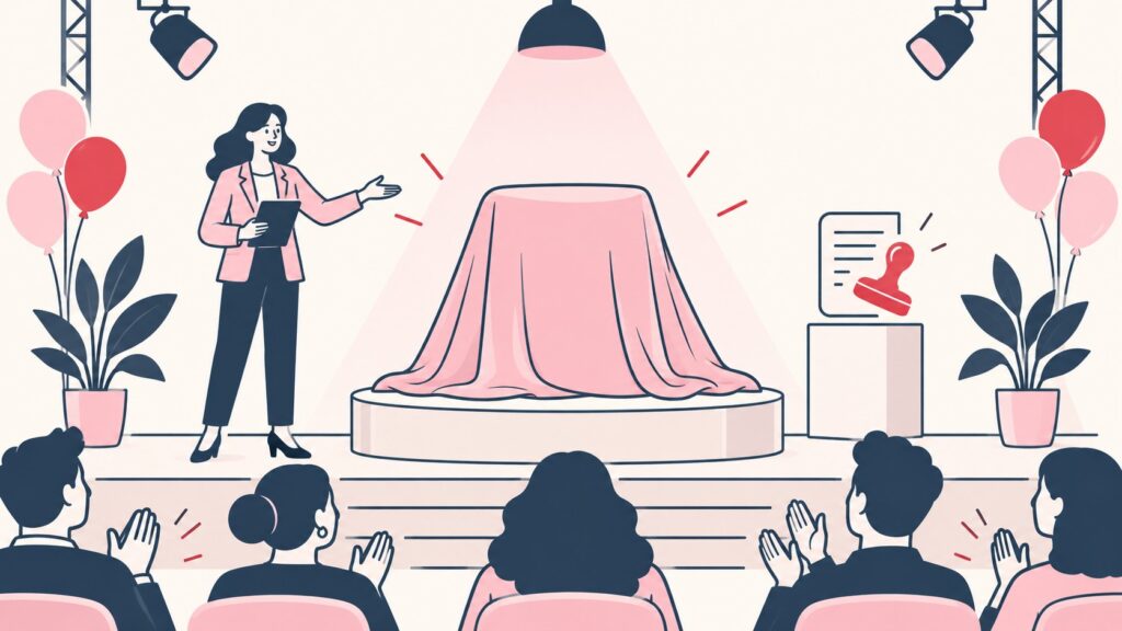 Illustration of a product under a cover on a launch stage, with an audience and a document being stamped