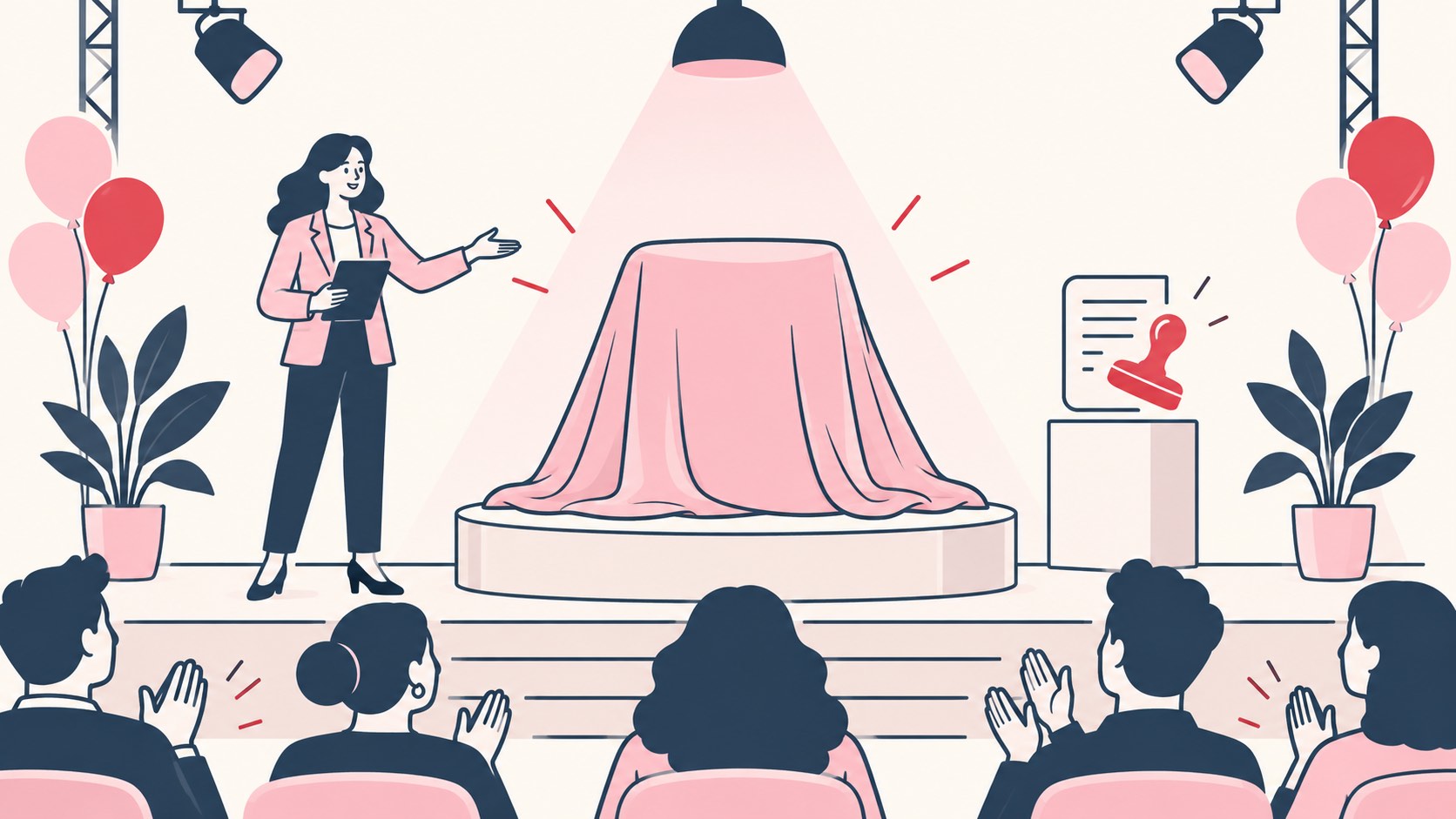 Illustration of a product under a cover on a launch stage, with an audience and a document being stamped