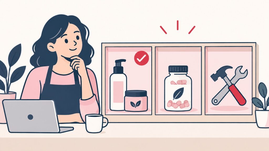 Illustration of a business owner looking at three boxes of skincare, supplements and tools, with only skincare ticked