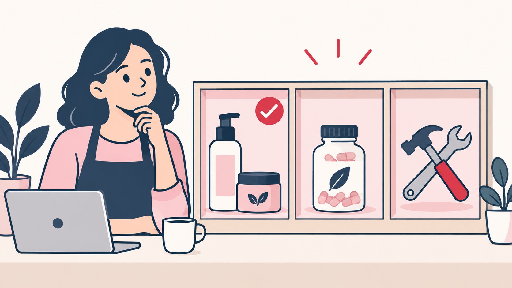 Illustration of a business owner looking at three boxes of skincare, supplements and tools, with only skincare ticked