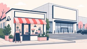 Illustration of a small independent shop in front of a much larger retail building