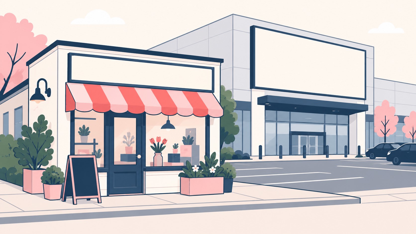 Illustration of a small independent shop in front of a much larger retail building