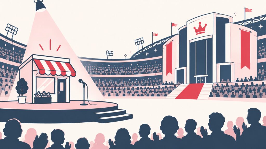 Illustration of a small shop stage in the spotlight beside a large stadium full of people