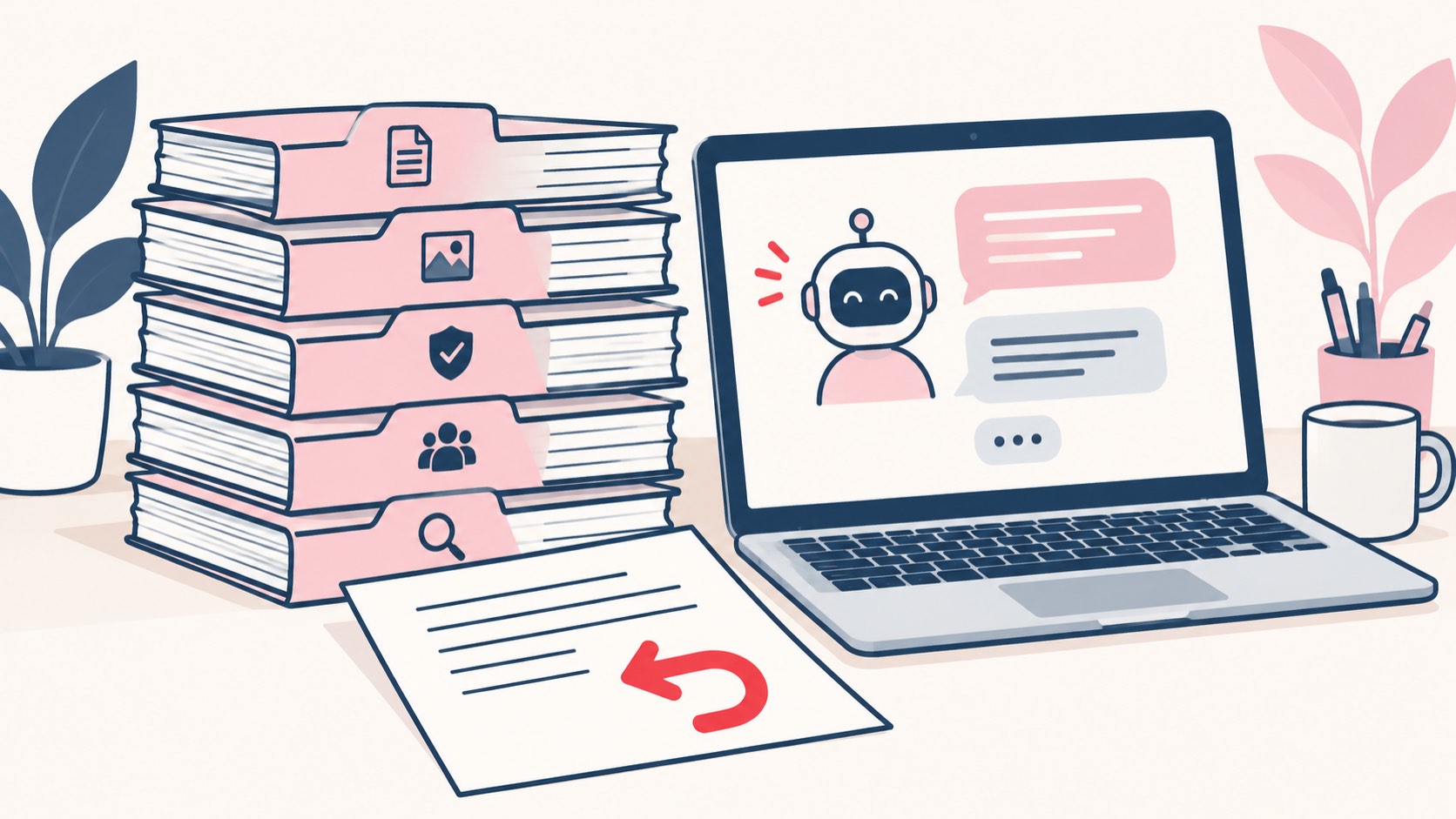 Illustration of a stack of evidence files beside a laptop showing an AI chat, with one sheet marked as returned