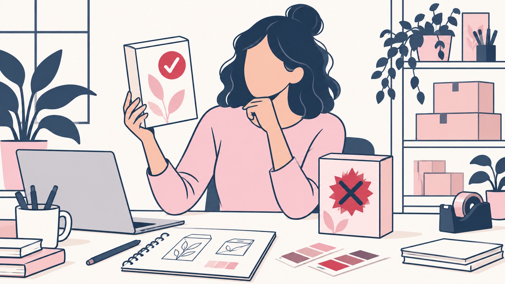 Illustration of a small business owner reviewing a tagline on product packaging, one version ticked and one crossed