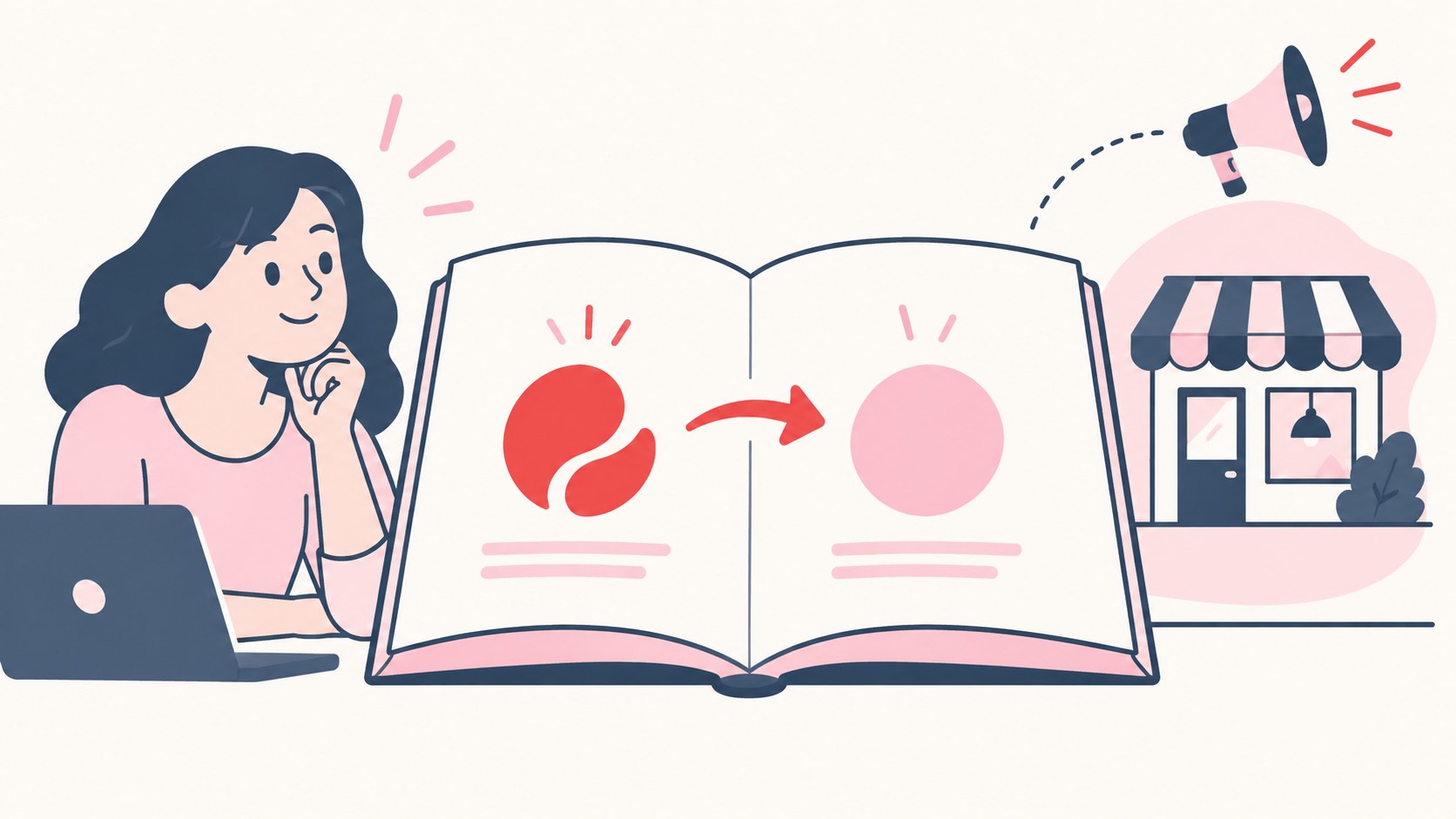 Illustration of an open dictionary where a brand logo turns into an ordinary everyday word