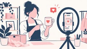 Illustration of a small business owner filming a product on a phone ring light for social media