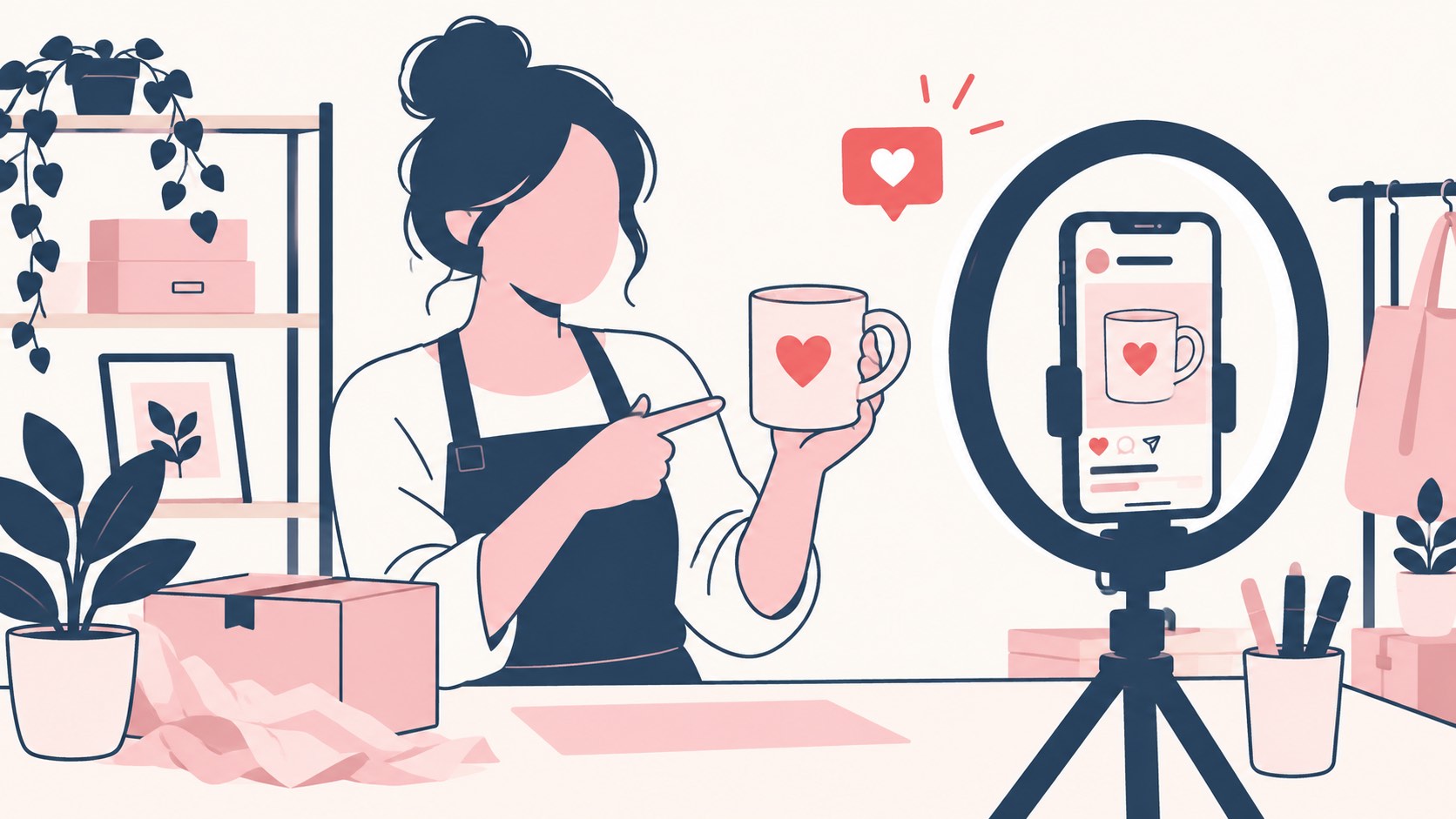 Illustration of a small business owner filming a product on a phone ring light for social media