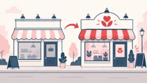 Illustration of a plain shopfront and an arrow pointing to the same shop after a rebrand with a new sign