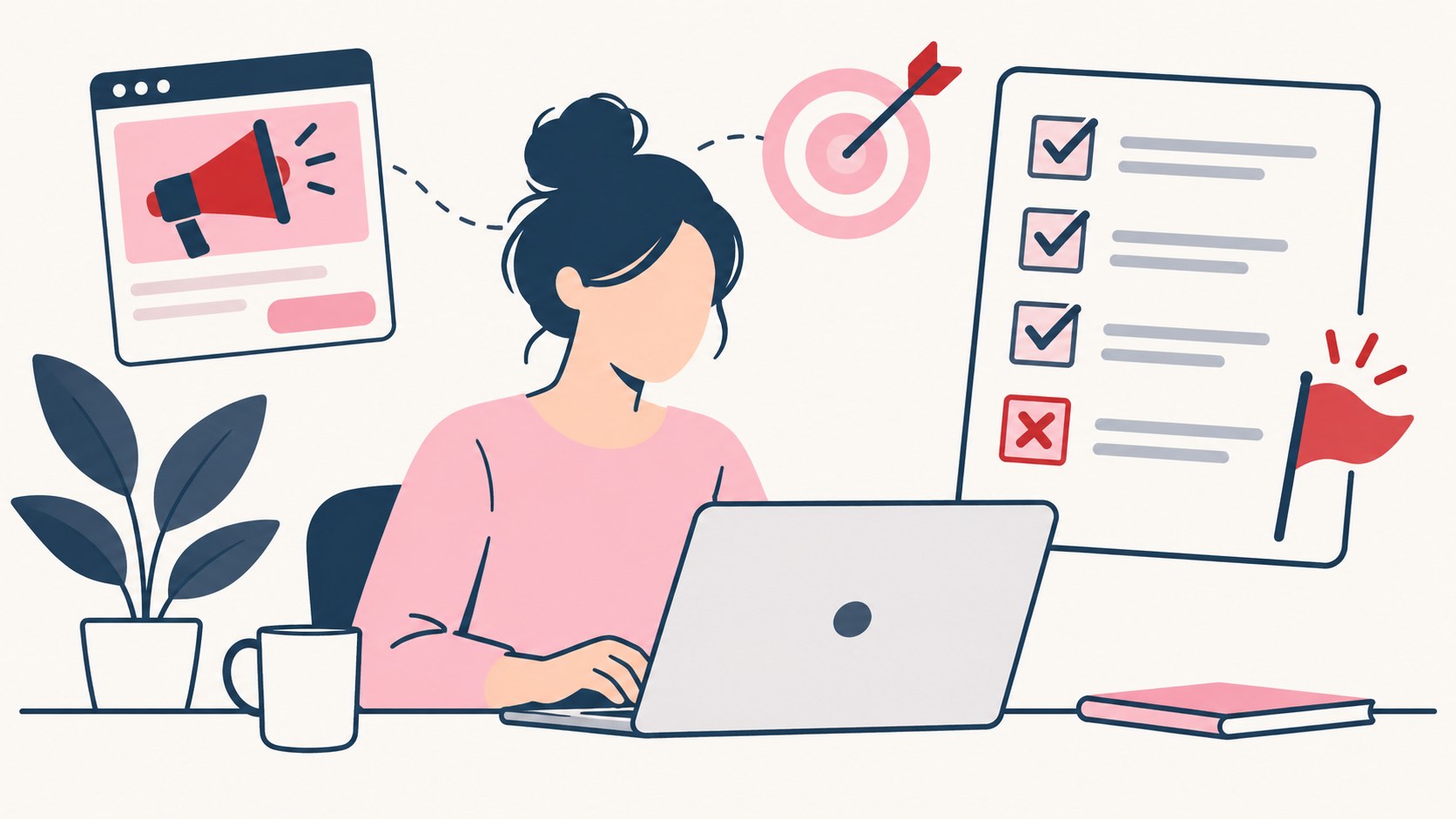 Illustration of a business owner filling in a form on a laptop beside a checklist with one item crossed and a red flag