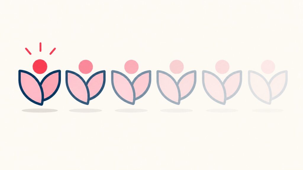 Illustration of six versions of the same flower logo in a row, each fading more than the last