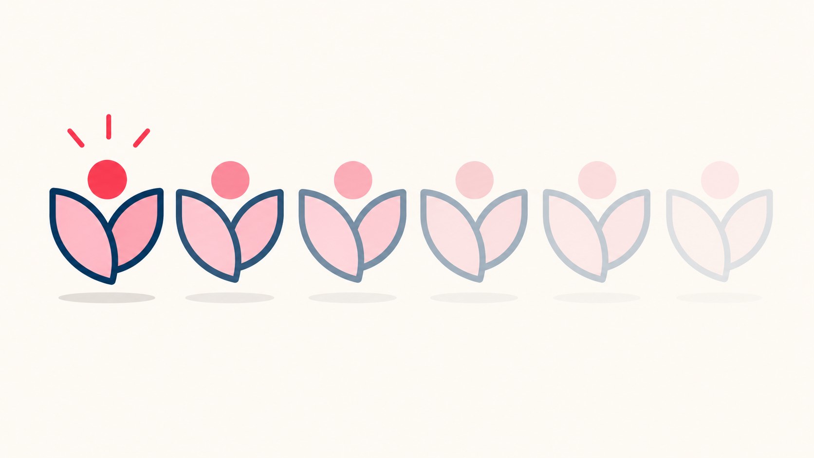 Illustration of six versions of the same flower logo in a row, each fading more than the last