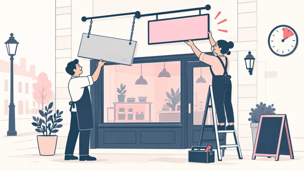 Illustration of a shop sign being taken down and a new sign being put up after a rebrand