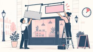 Illustration of a shop sign being taken down and a new sign being put up after a rebrand