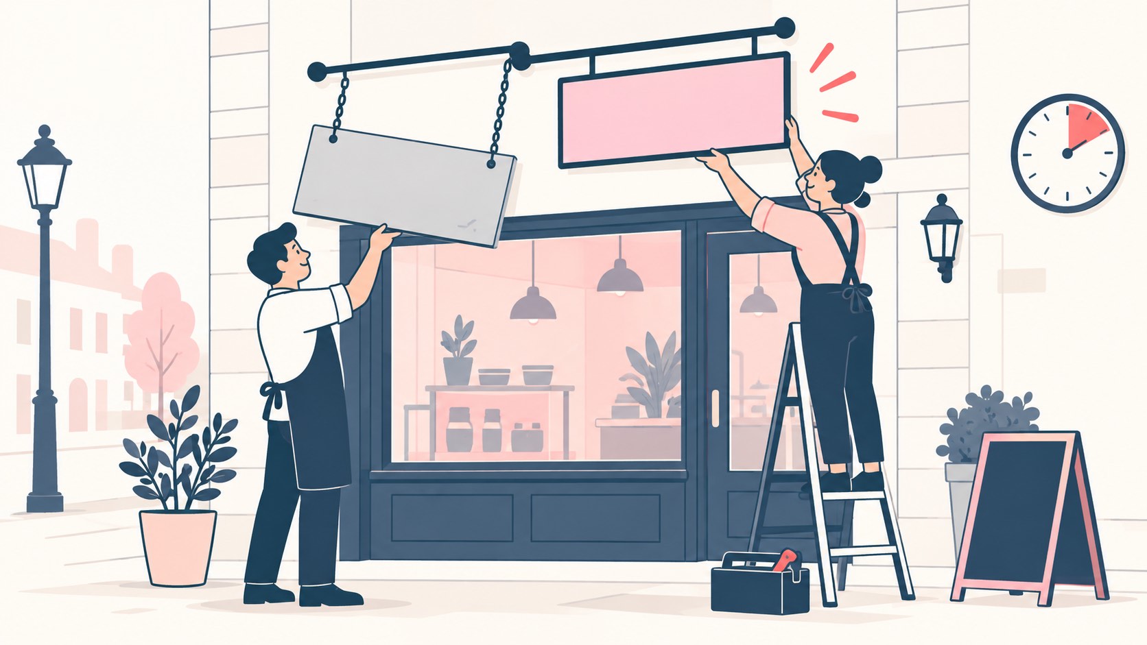 Illustration of a shop sign being taken down and a new sign being put up after a rebrand
