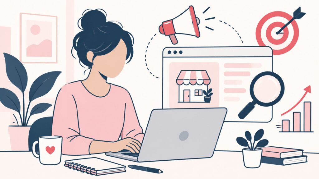 Illustration of a business owner at a laptop wording a list of goods and services, with a magnifying glass and target