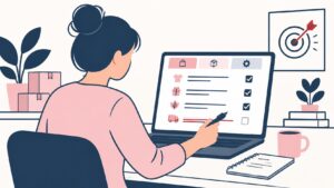 Illustration of a business owner at a laptop working through a checklist for a new business name