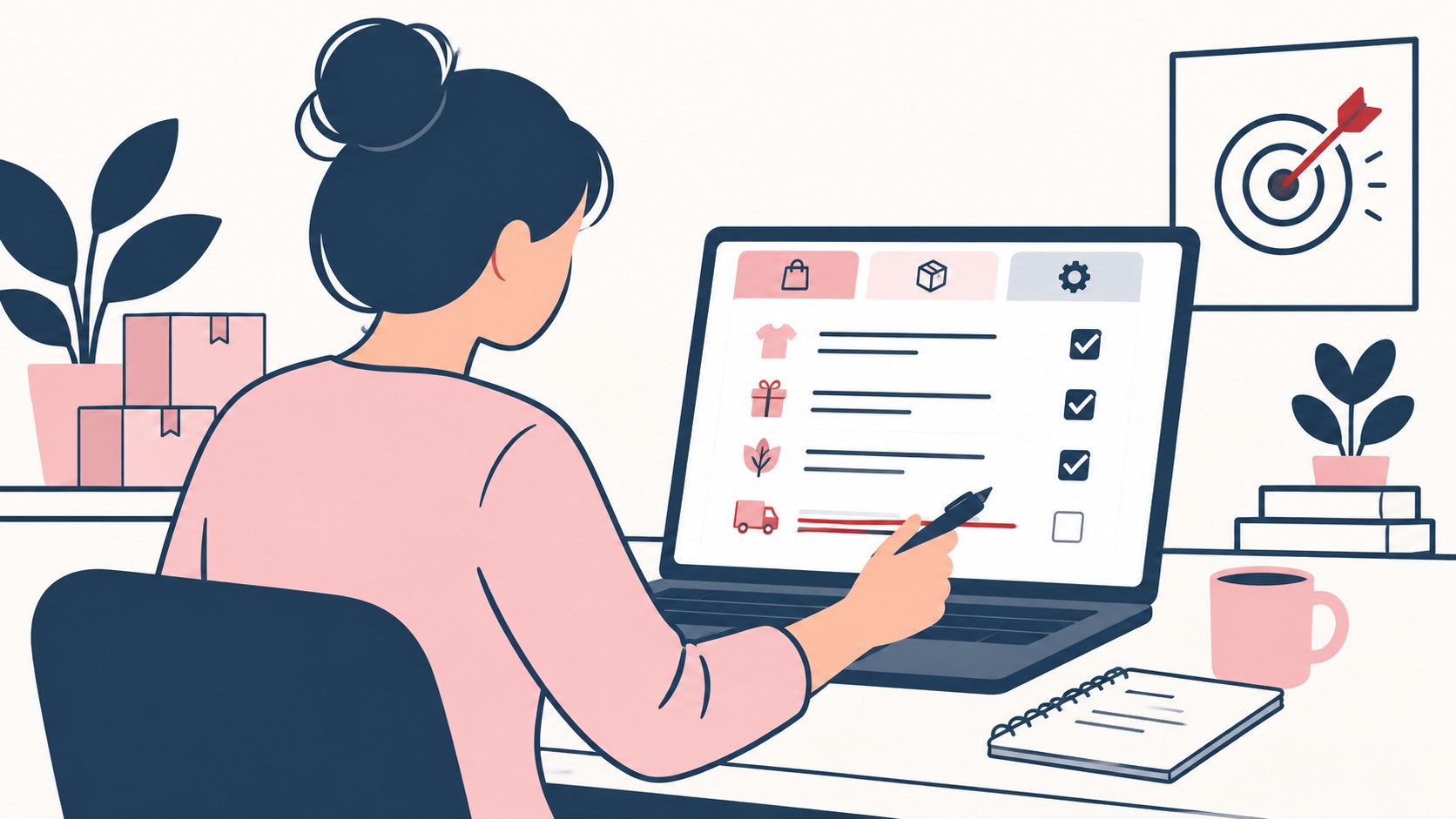 Illustration of a business owner at a laptop working through a checklist for a new business name
