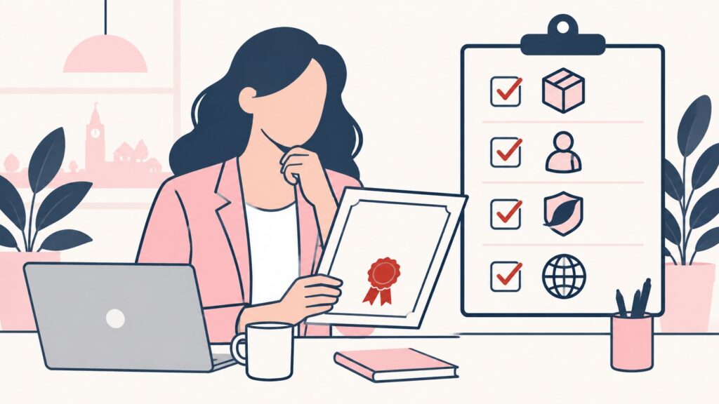 Illustration of a business owner reviewing a trademark certificate beside a checklist of business changes
