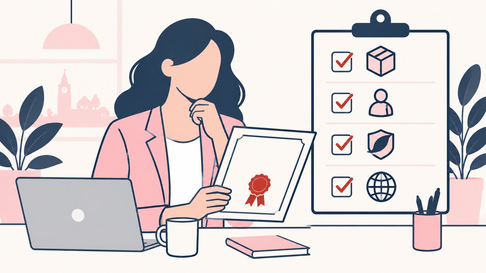 Illustration of a business owner reviewing a trademark certificate beside a checklist of business changes