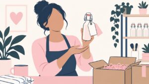 Illustration of a shop owner holding up a new product with its own name tag, beside a delivery box