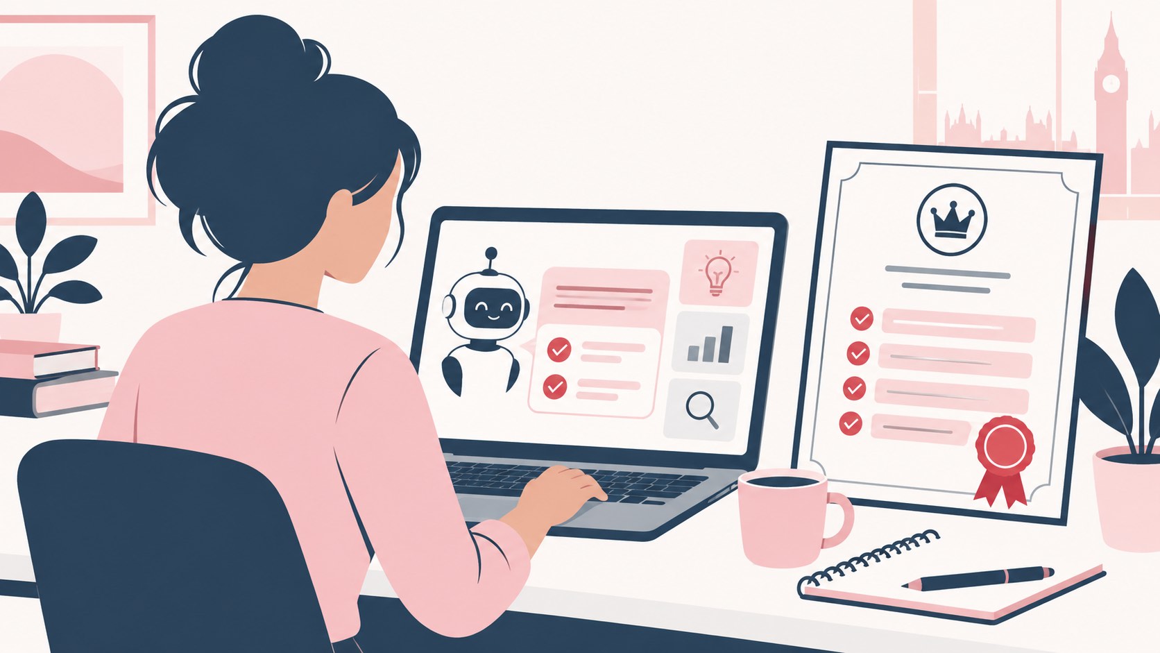 Illustration of a business owner at a laptop showing an AI assistant, beside a trademark certificate
