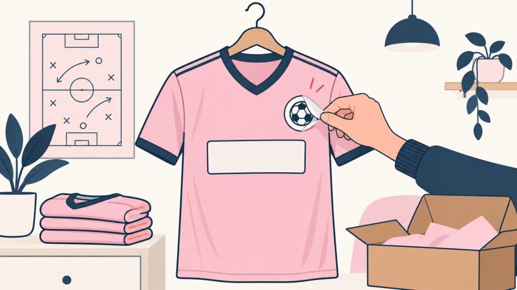 Illustration of a pink sports shirt on a hanger with a sponsor badge being added, beside a tactics board