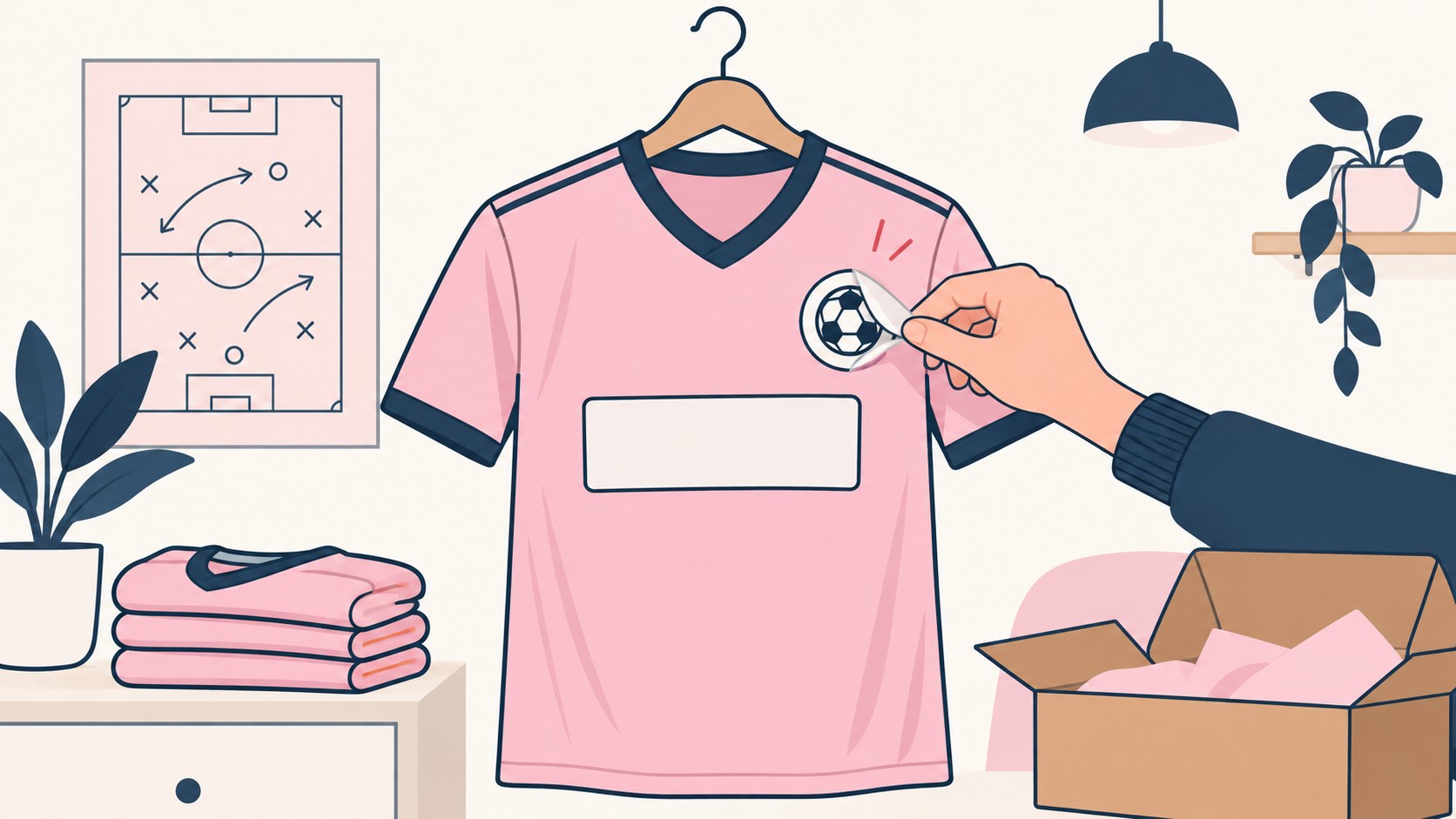 Illustration of a pink sports shirt on a hanger with a sponsor badge being added, beside a tactics board