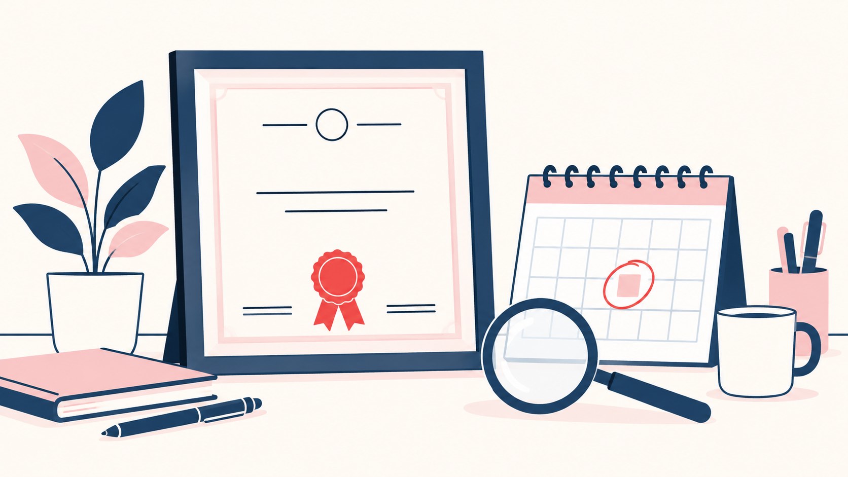Illustration of a framed trademark certificate beside a calendar with a date circled and a magnifying glass