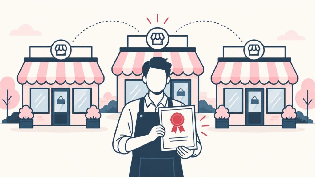 Illustration of a franchise owner holding a certificate in front of three matching branded shops