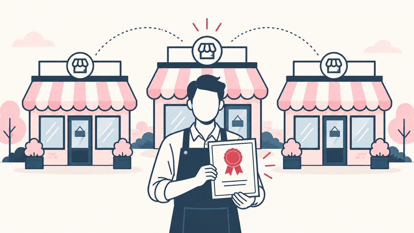 Illustration of a franchise owner holding a certificate in front of three matching branded shops