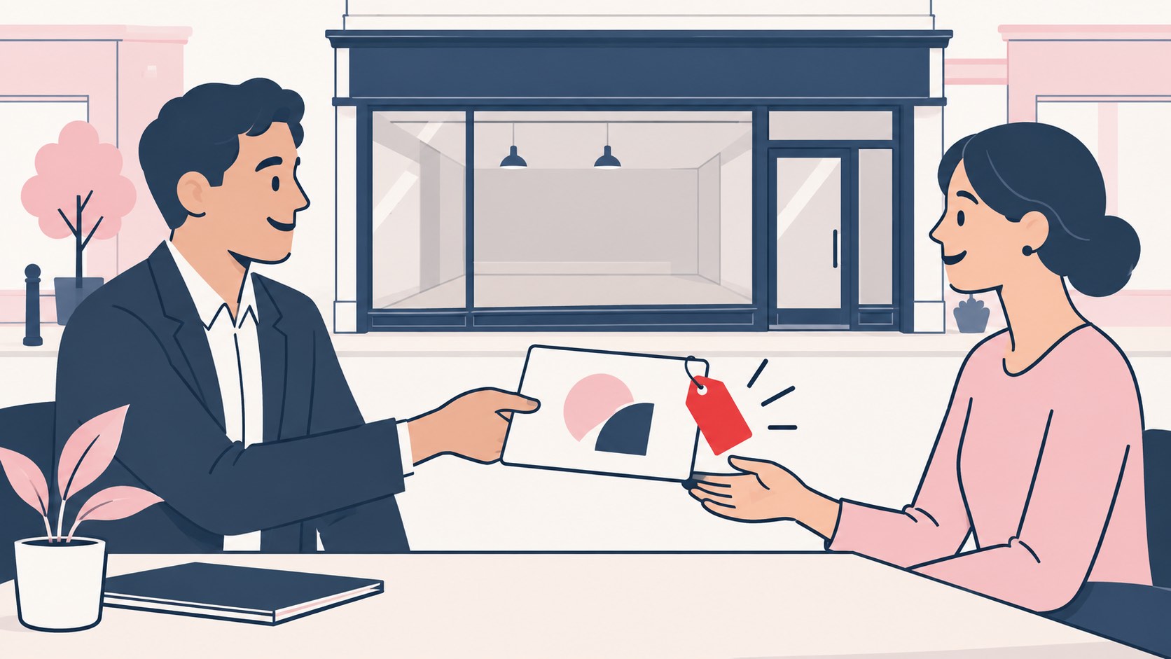 Illustration of a businessman handing a brand card with a sale tag to a buyer in front of an empty shop