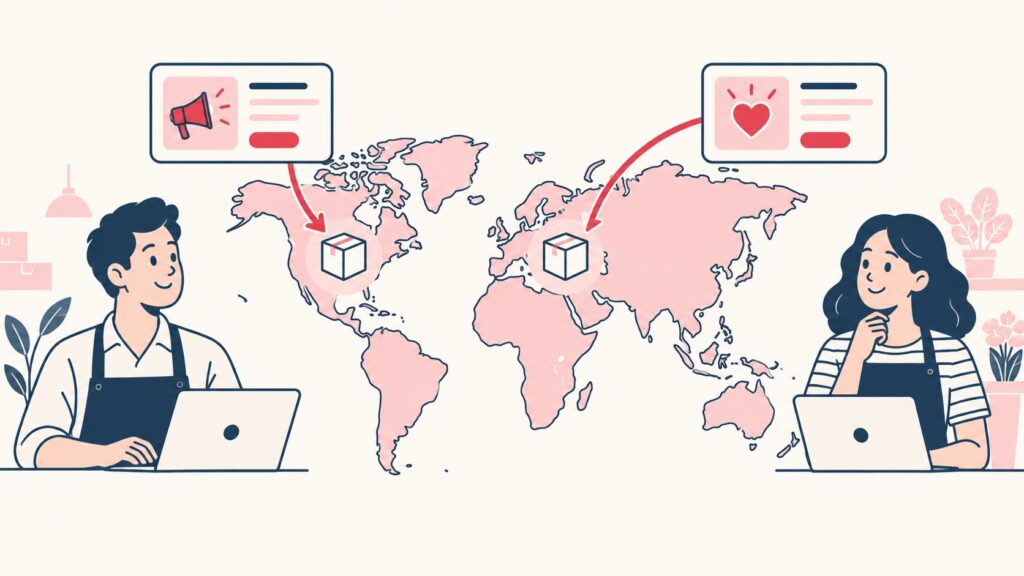 Illustration of a world map with the same product sold under different brand names in different countries