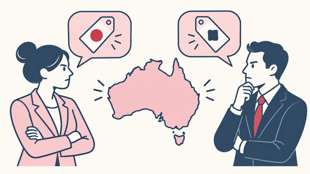 Illustration of a woman and a man with brand tags in speech bubbles either side of a map of Australia
