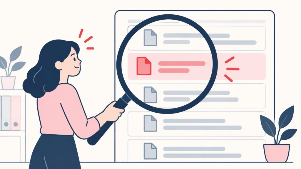Illustration of a woman using a magnifying glass to check a list of new trademark filings