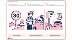 Illustrated card comparing a 30mph speed limit with a trademark: establish the rule, make the consequences clear, enforce the rule