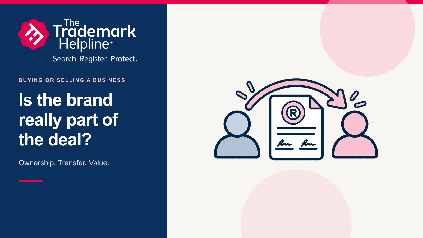The Trademark Helpline brand image headed Buying or Selling a Business, asking Is the brand really part of the deal? An illustration shows a registered trademark certificate passing from one person to another.