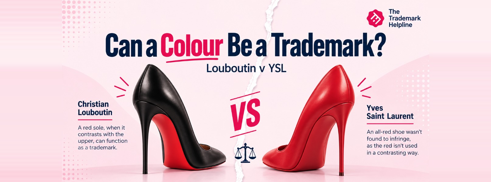 Two high heels facing each other. A black Louboutin-style shoe with a contrasting red sole on the left, an all-red shoe on the right, under the heading Can a Colour Be a Trademark? Louboutin v YSL.