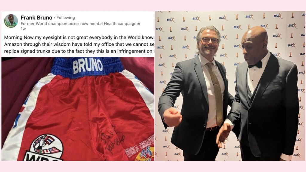 Frank Bruno's LinkedIn post about Amazon blocking his replica signed boxing trunks, beside a photo of Jonathan Paton with Frank Bruno