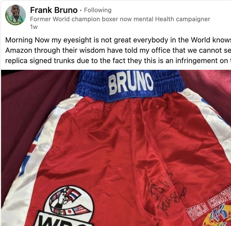 Frank Bruno's LinkedIn post about Amazon blocking his replica signed boxing trunks, with a photo of red, white and blue trunks with BRUNO on the waistband
