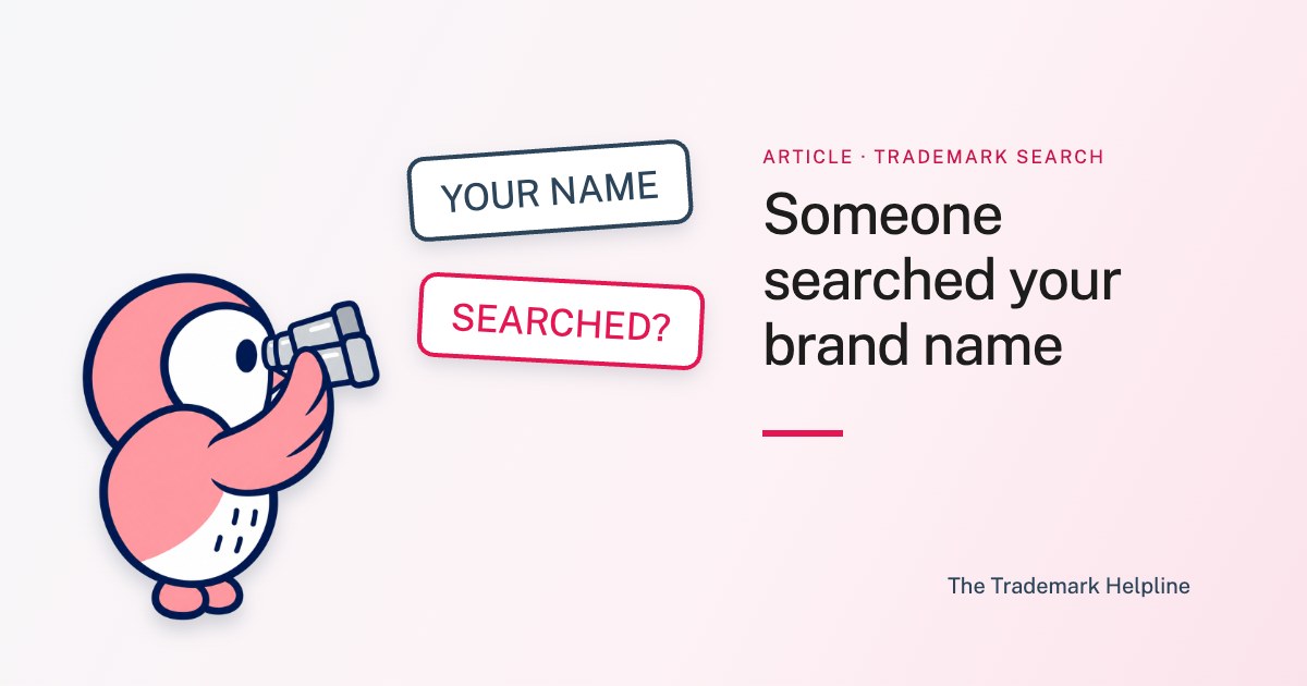 Temmy looking through binoculars at word tiles that read YOUR NAME and SEARCHED?, beside the title Someone searched your brand name