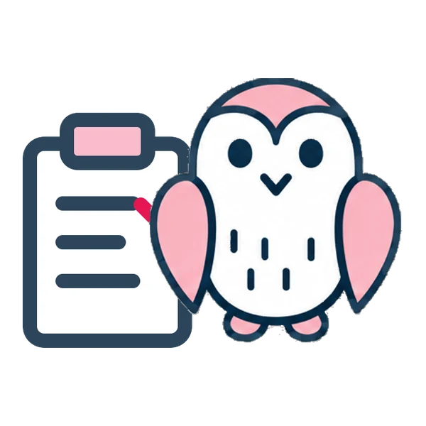 Temmy the owl beside a clipboard checklist with a tick